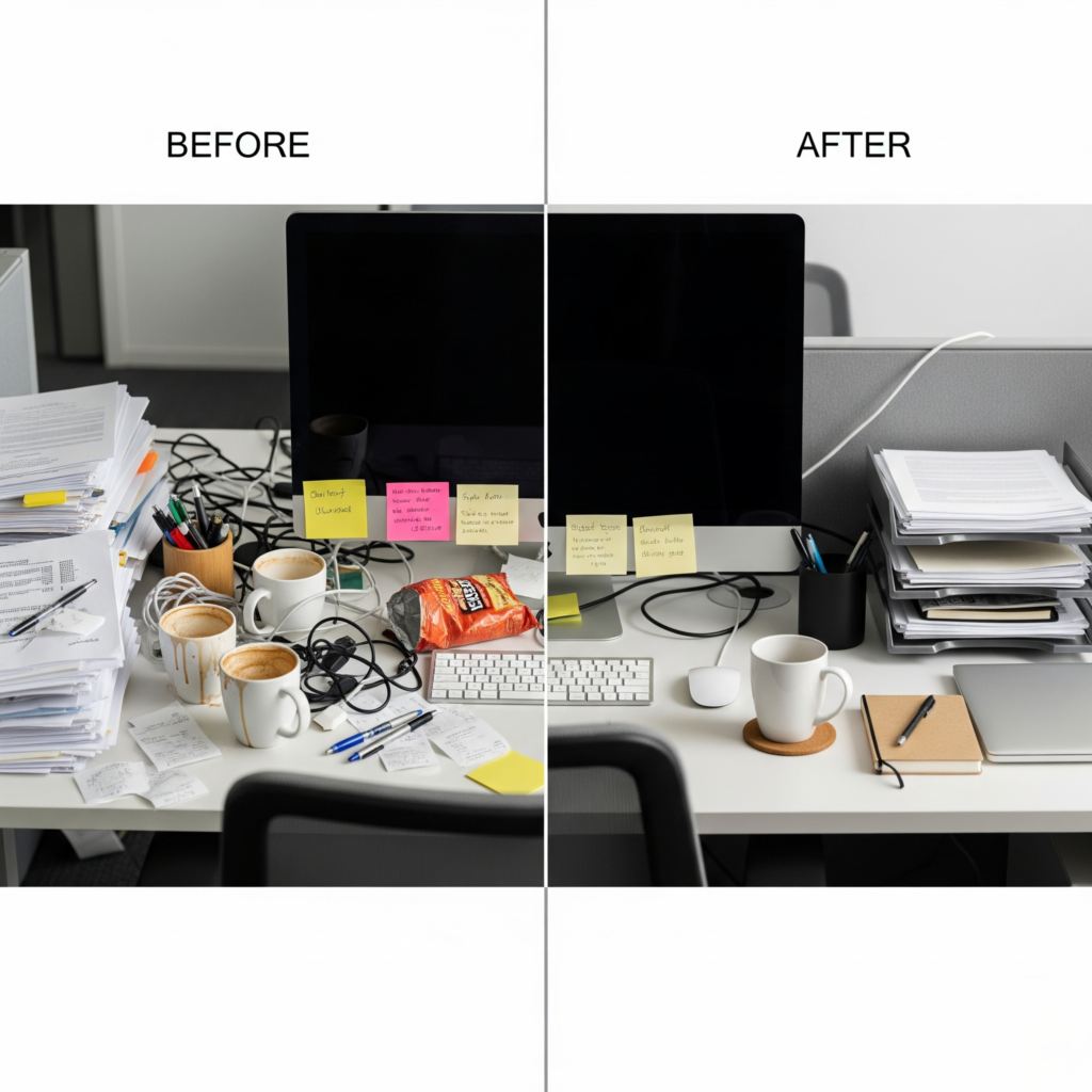 Before and after photo of a messy vs. clean office desk.
