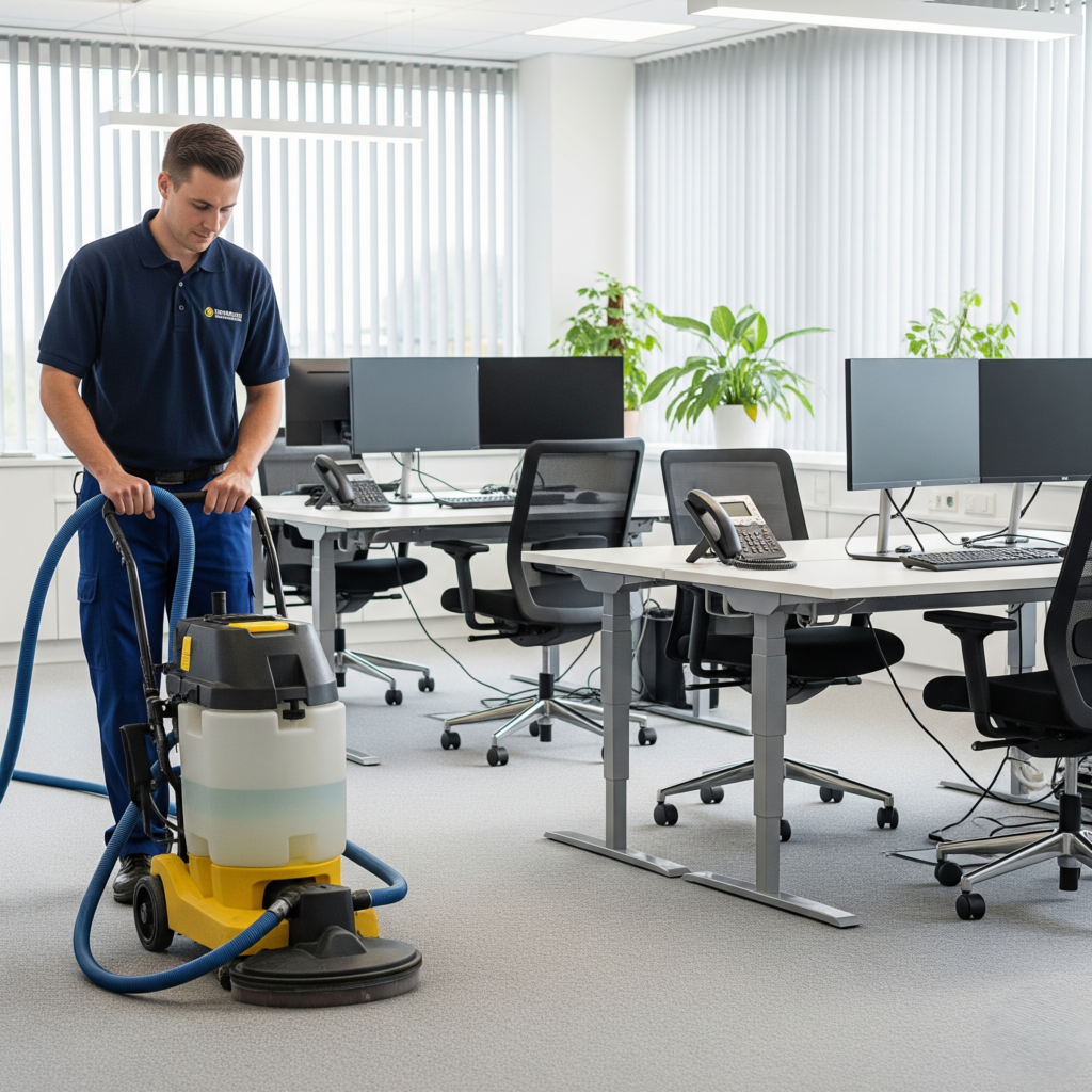 Professional carpet cleaner working in a modern office.