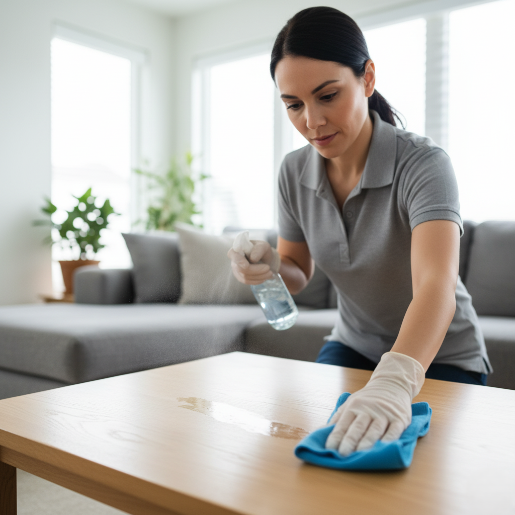 Cleaning professional using a microfiber cloth on living room table.