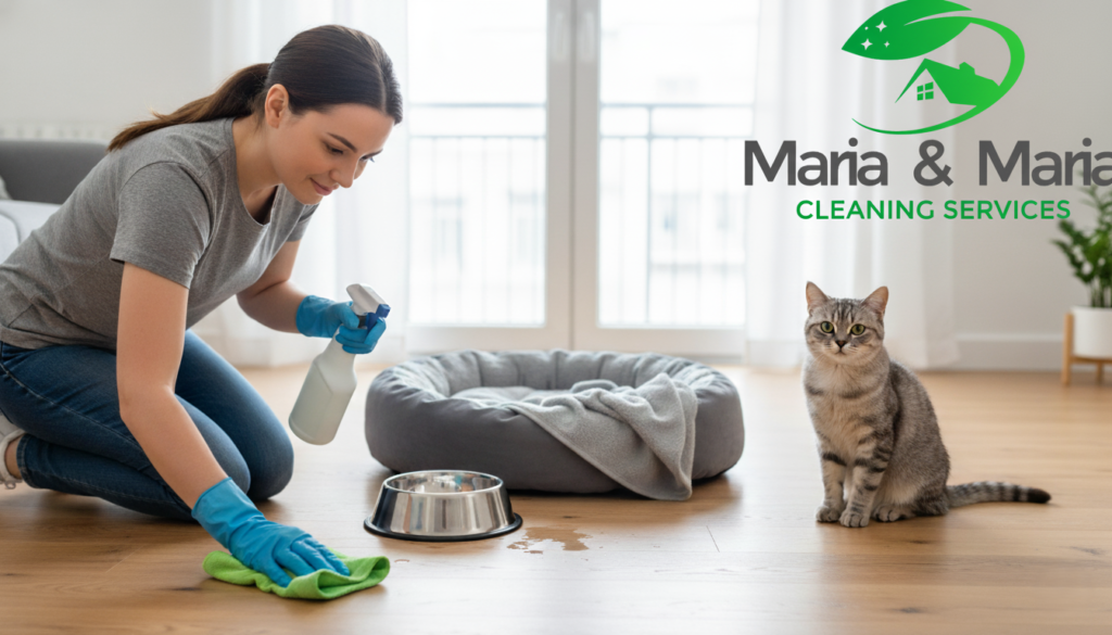 Pet bed and feeding area being cleaned with a microfiber cloth.