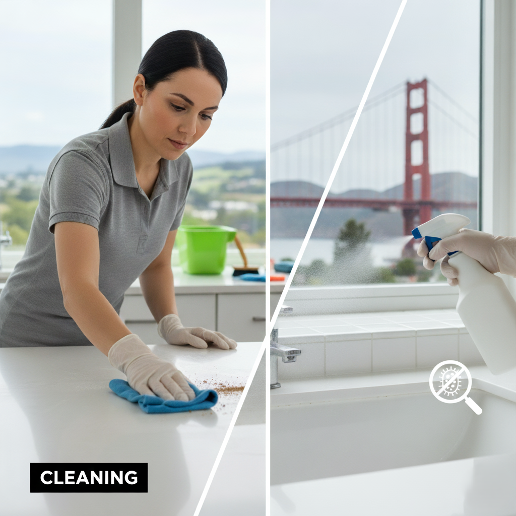 comparison of cleaning (wiping visible dirt) vs. disinfecting (spraying and killing germs).