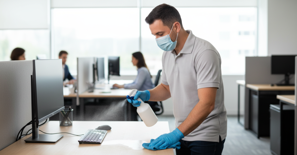 Technician disinfecting an office desk while wearing protective gloves and mask.