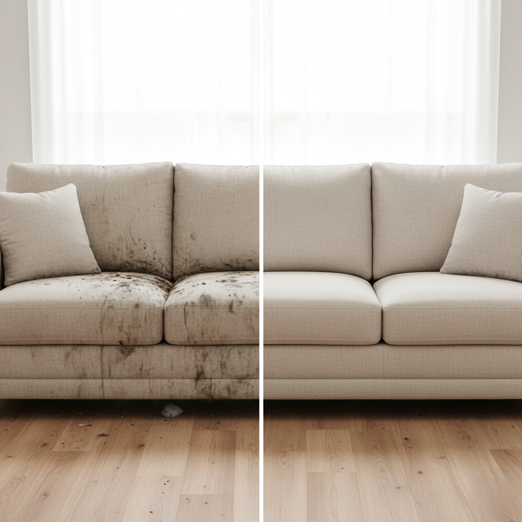 comparison dirty vs. freshly cleaned sofa.