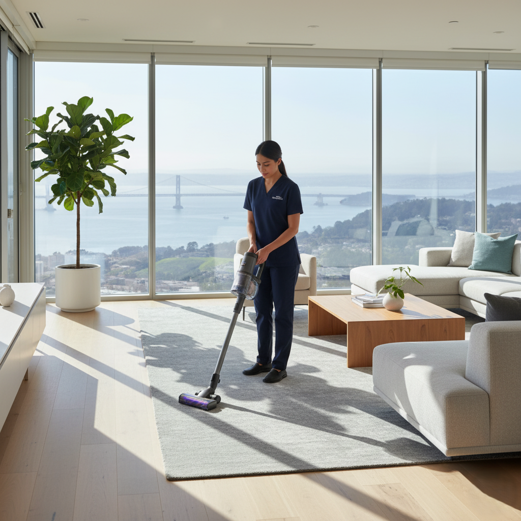 professional cleaner vacuuming a bright living room