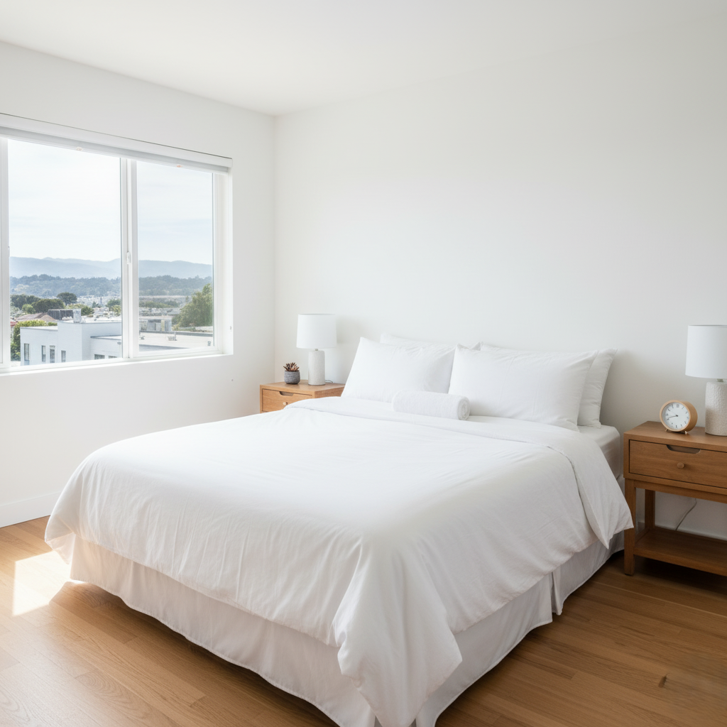 A spotless, well lit Airbnb bedroom with fresh white linens.