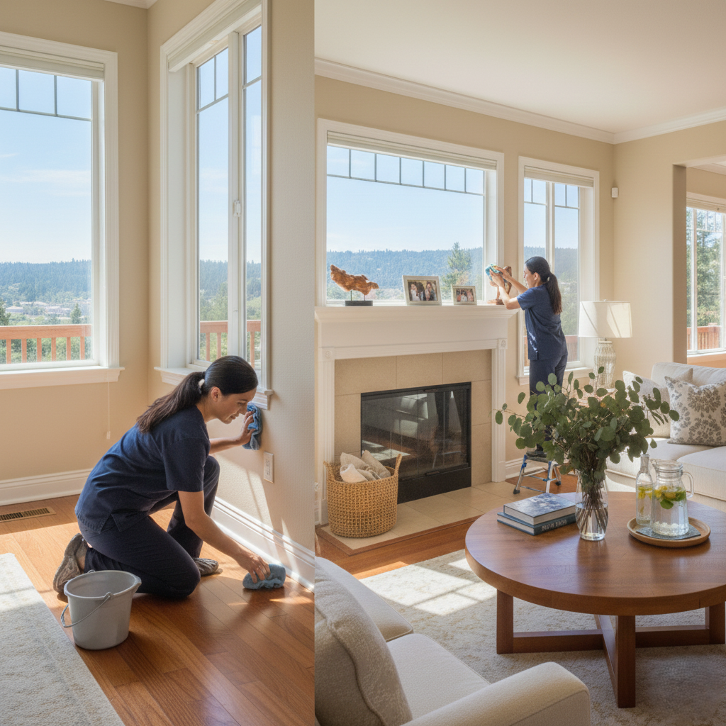 Cleaner wiping dust from baseboards and window frames.