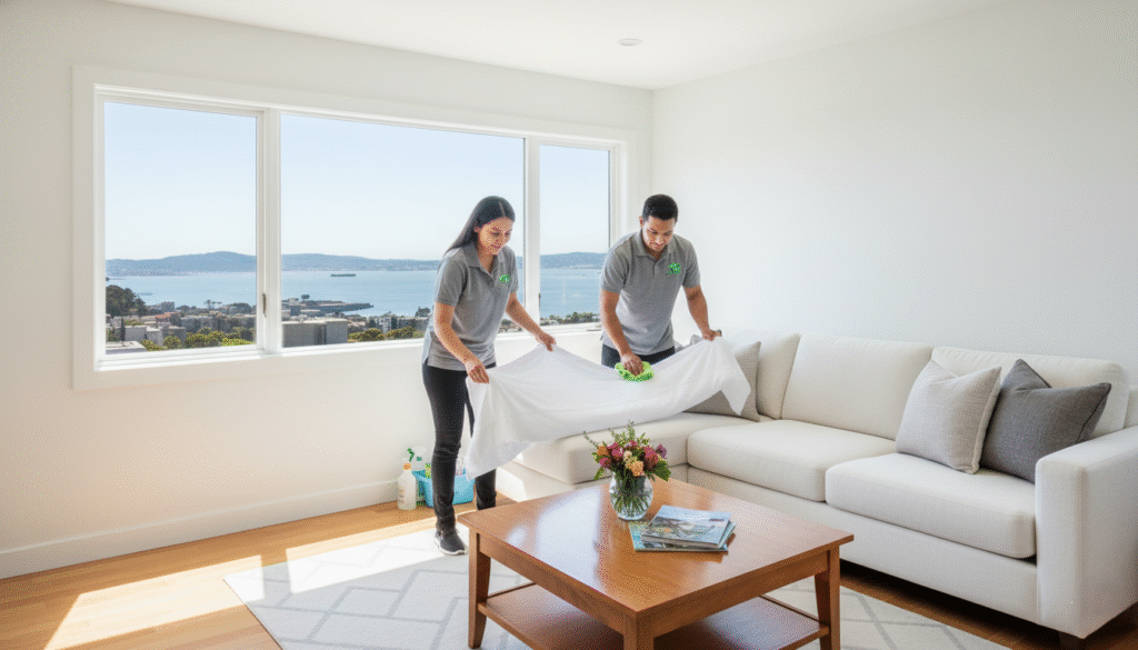 Professional cleaners preparing a property for new guests.