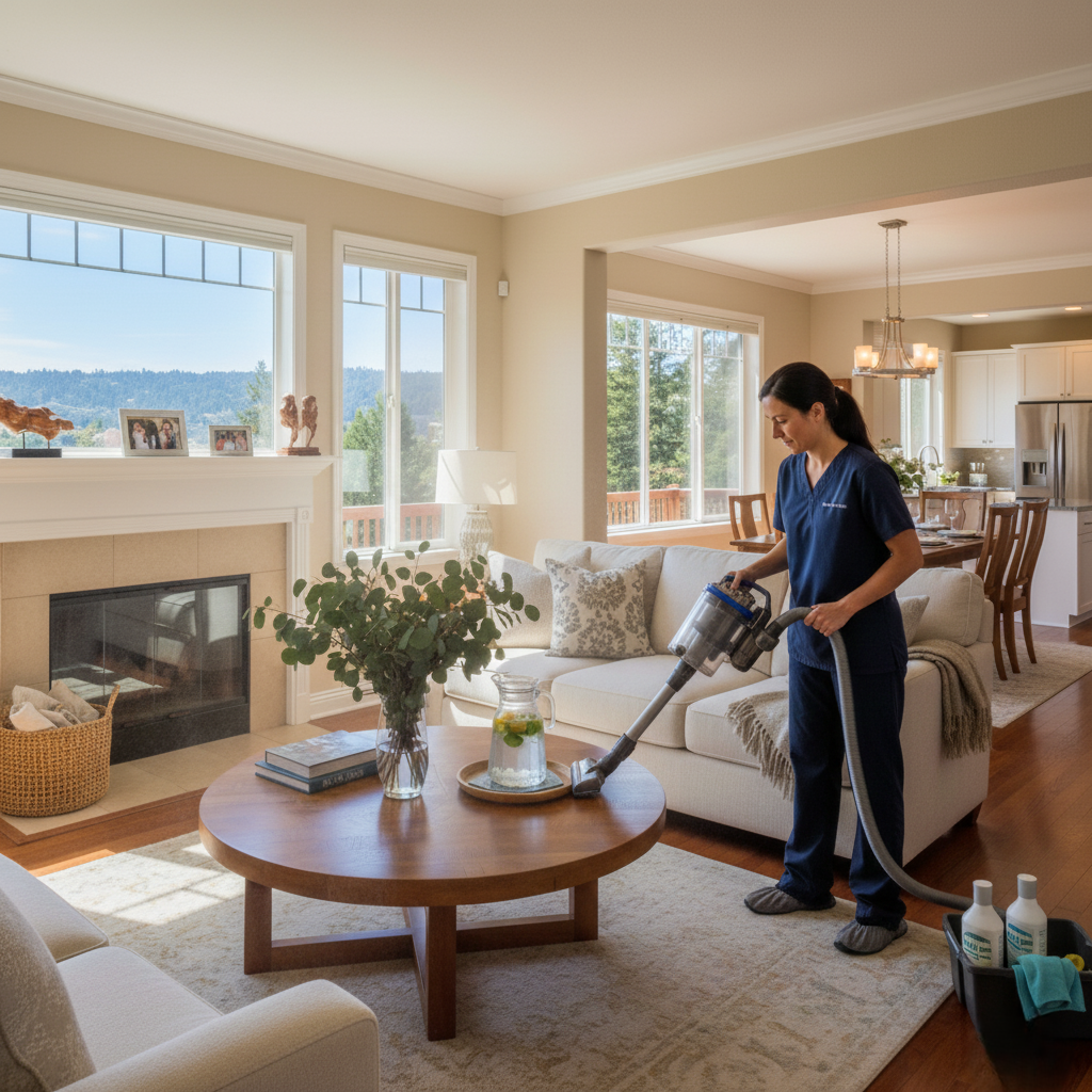 Professional using HEPA vacuum on carpets and furniture.