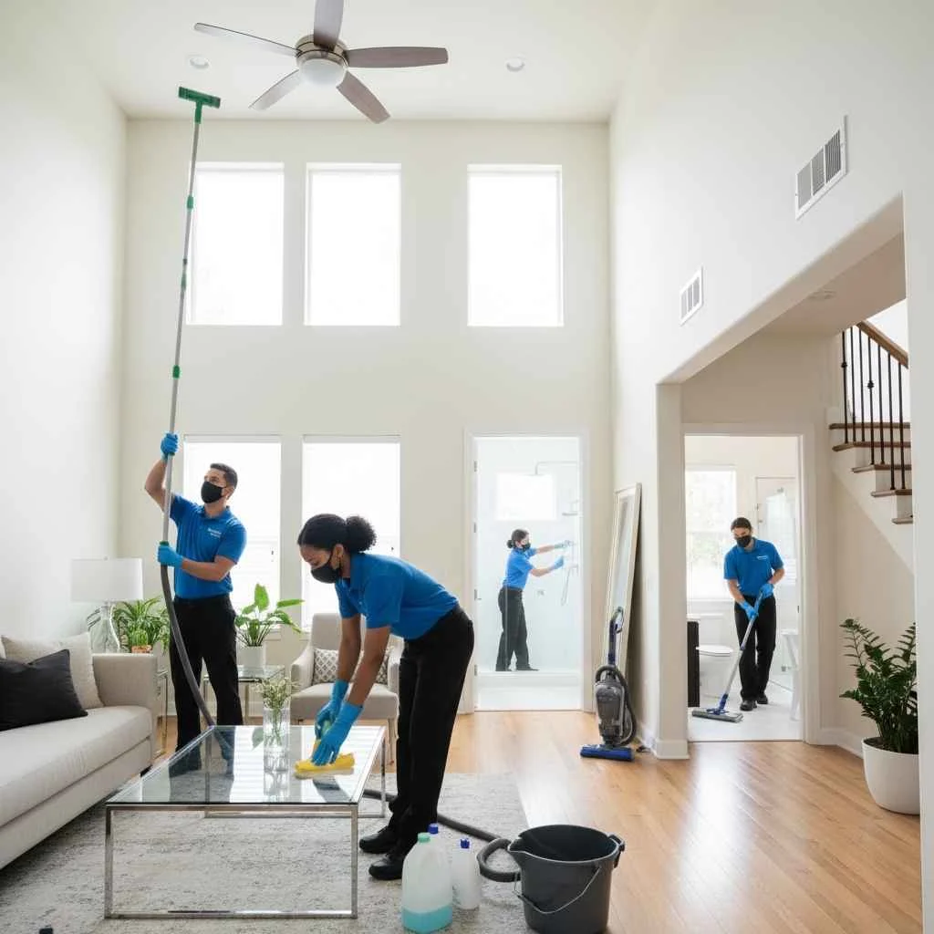 Professional cleaning team working inside a Redwood City home