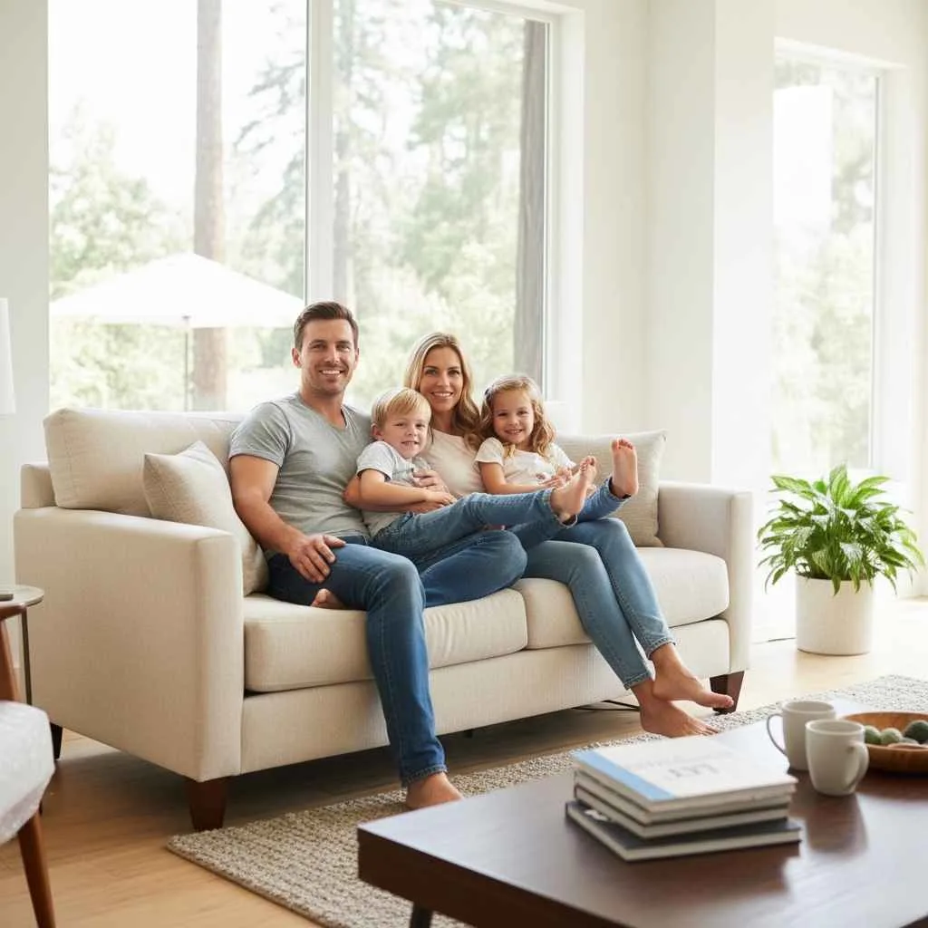 family relaxing on freshly cleaned sofa in a bright living room