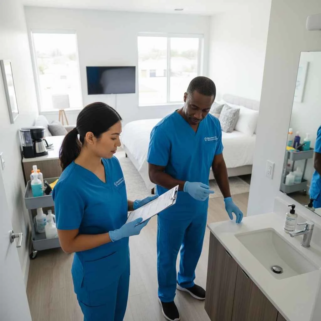 professional cleaners inspecting an Airbnb unit