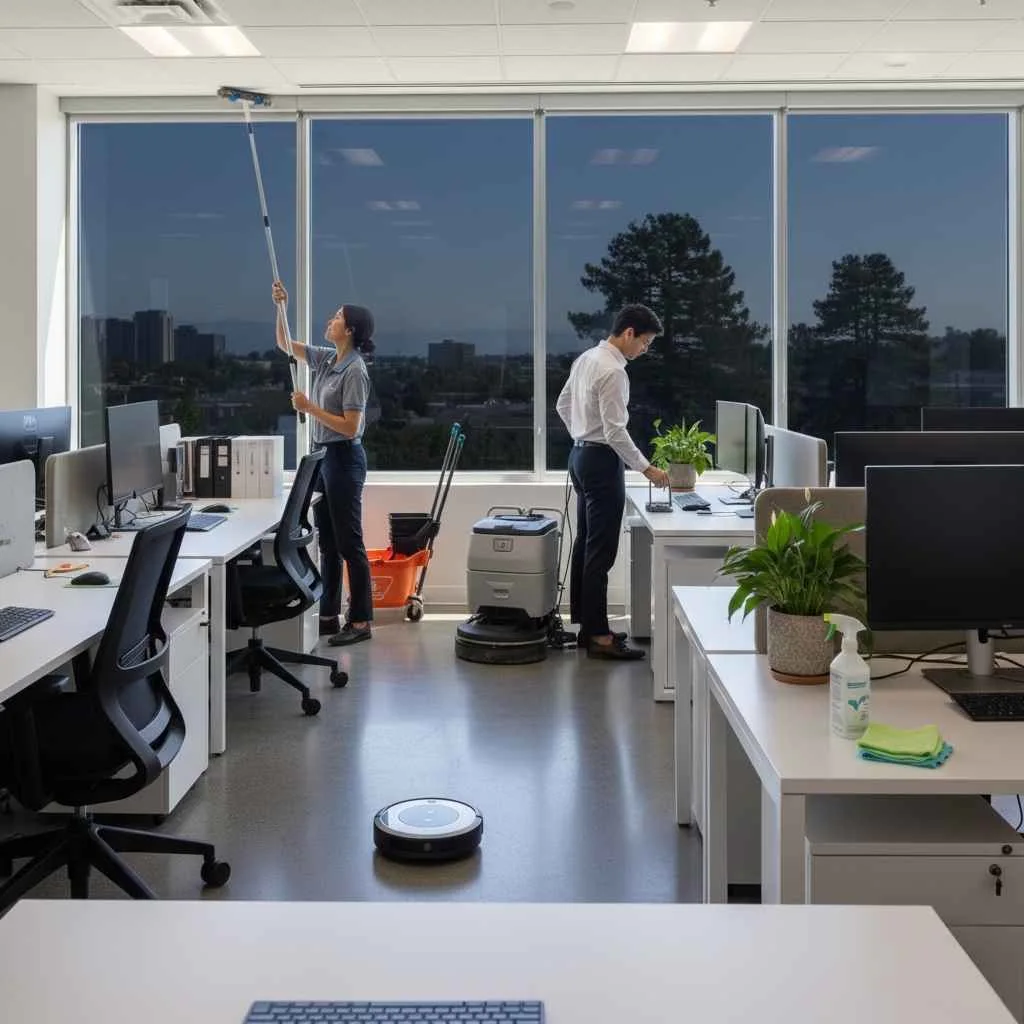 professional cleaners working after office hours