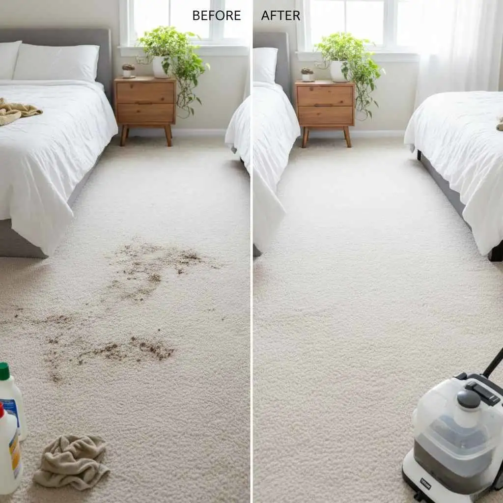Before and after carpet cleaning inside a bedroom