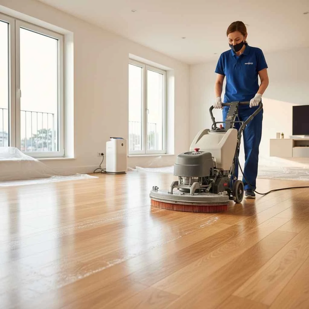 Cleaner working on hardwood floor with professional equipment