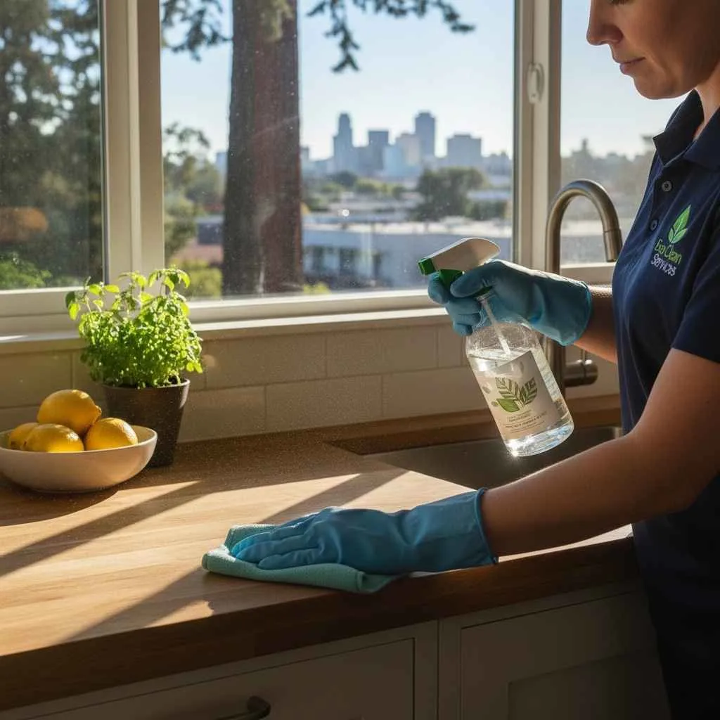 Professional cleaner using microfiber cloth on kitchen counter