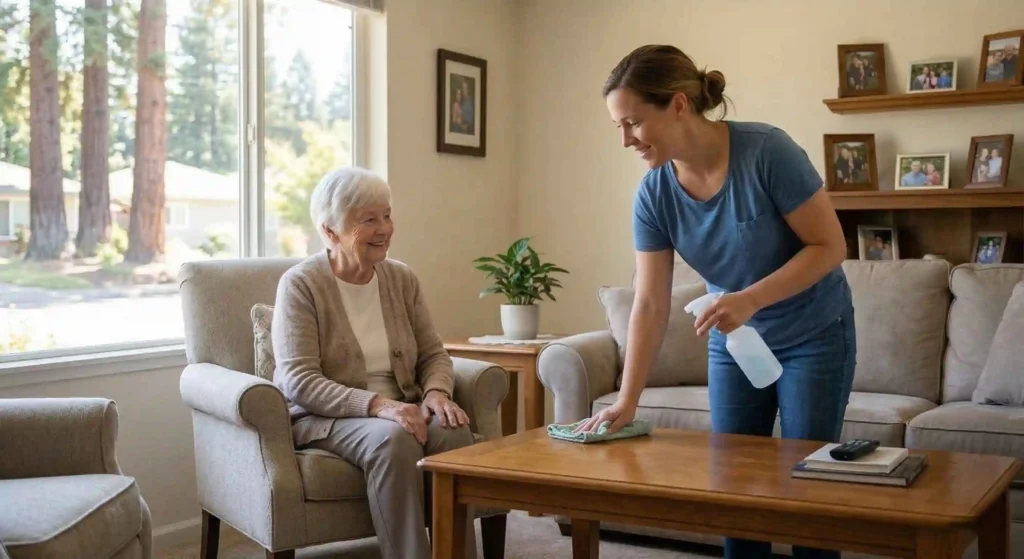 caregiver helping a senior with light household cleaning in a living room.