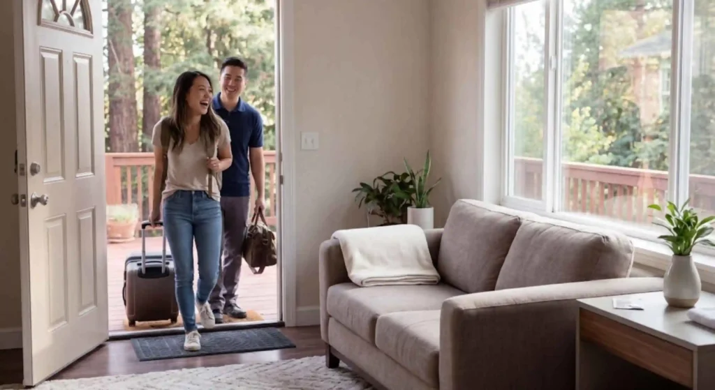 happy guests entering a clean Airbnb