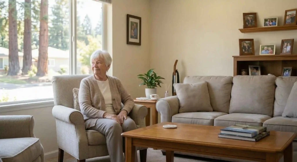 senior relaxing in a clean, organized living room after a cleaning service visit.