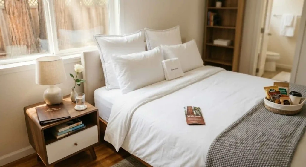 freshly made Airbnb bed with hotel-style setup