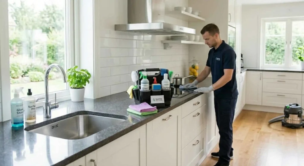 professional cleaning team working in a home