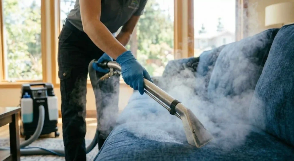 upholstery deep cleaning in progress