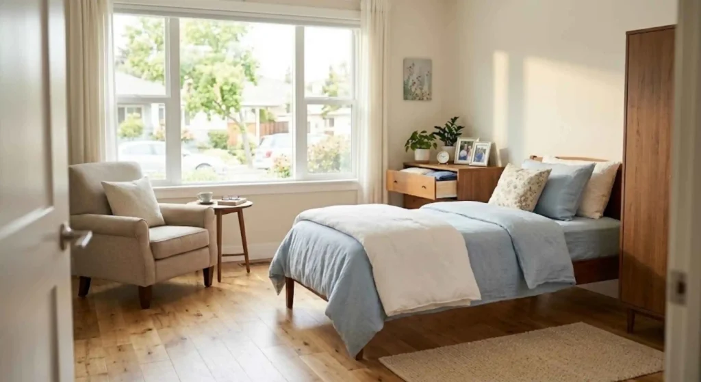Clean and organized elderly bedroom in San Mateo home