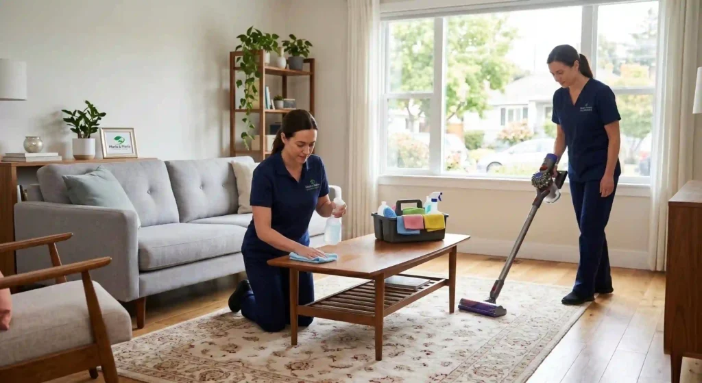 cleaning team working in San Mateo home living room