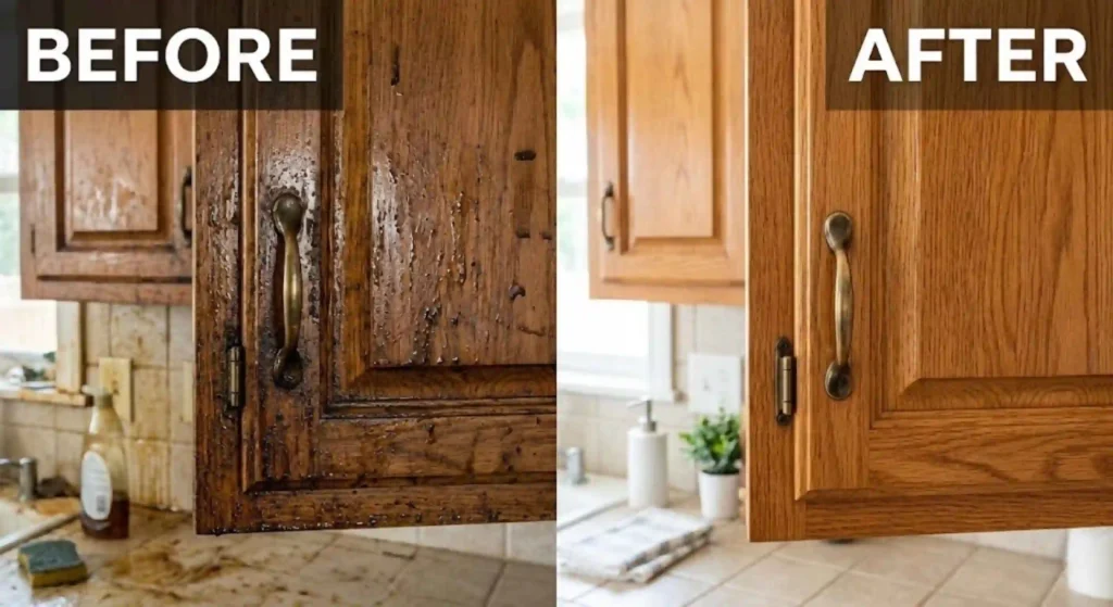 greasy kitchen cabinets beforeafter cleaning